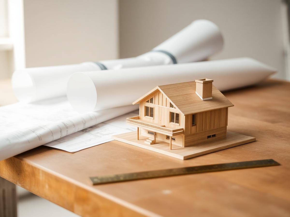 Architectural model and rolled drawings on a studio worktable